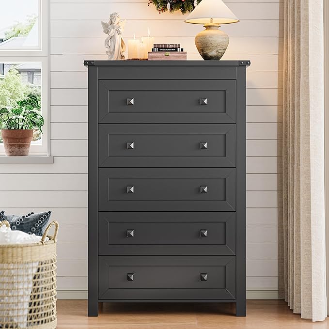 Dresser for Bedroom with 5 Drawers, Tall Wood Chest of Drawers, Modern Farmhouse Closet Clothes Organizer, Storage Tower Cabinet with Metal Handles for Hallway, Living Room, Entryway, Black
