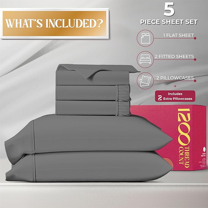 Mayfair Linen 100% Egyptian Cotton Split King Sheets Sets for Adjustable Bed - Luxury 1200 Thread Count Split Top King Sheets (5 PC, Dark Grey), Breathable, Cooling, Sateen Weave 17" Deep Pocket Sheet