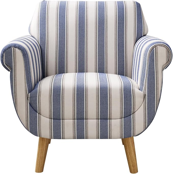 VANOMi Mid-Century Accent Chair with Stripe Pattern, Modern Linen Fabric Armchair with Wood Legs, Club Chair for Living Room, Comfy Upholstered Side Chairs for Bedroom, Reading, Small Place (Navy)