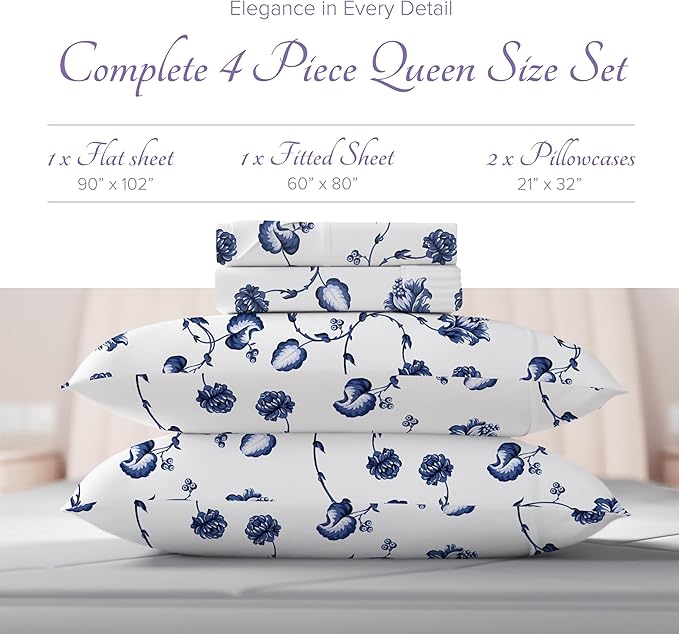 Carressa Linen Luxury Egyptian Cotton Queen Printed Sheet Set - 600 Thread Count Extra Long Staple 4 PC Set, Blossom Azure Queen Printed Sheets, Soft, Cooling Sheets Upto 18 in Deep Pocket