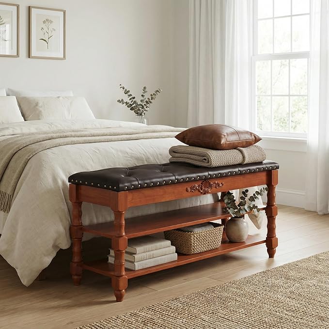 39-inch End of Bed Bench, Faux Leather Tufted Storage Bench with Lift Top Seat and 2 Tier Storage Shelves, Bedroom Bench Footrest Stool with Hidden Storage and Wood Leg, Vintage Style