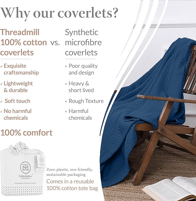 Threadmill Luxury Cotton Blankets for Twin Size Bed | All-Season 100% Cotton Twin Blanket for Bed | Aster Jacquard Lightweight, Soft & Cozy Coverlet, 350GSM, 68 x90 inches | Folkstone Blue