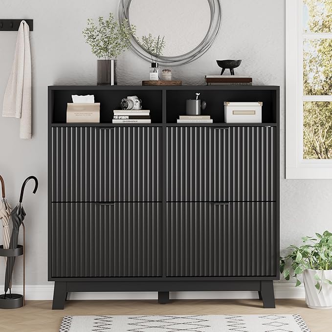 Shoe Cabinet with 4 Flip Drawers, 46" Tall Narrow Fluted Shoe Storage Organizer for Entryway, Hidden Slim Wooden Shoe Rack Cabinet for Front Door Entrance, Hallway, Living Room, Solid Black