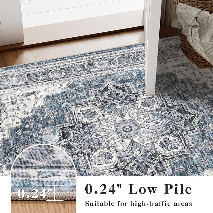 4x6 Area Rug for Bedroom Machine Washable Low Pile Vintage Distressed Rugs Stain Resistant Faux Wool Rug Ultra Soft Non-Slip Area Rugs for Living Room, Playroom, Kitchen,Home Office