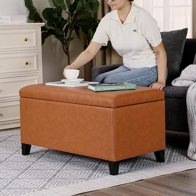 Asense Storage Ottoman Bench, Faux Leather Upholstered End of Bed Bench with Safety Hinge Wooden Legs, for Entryway Bedroom