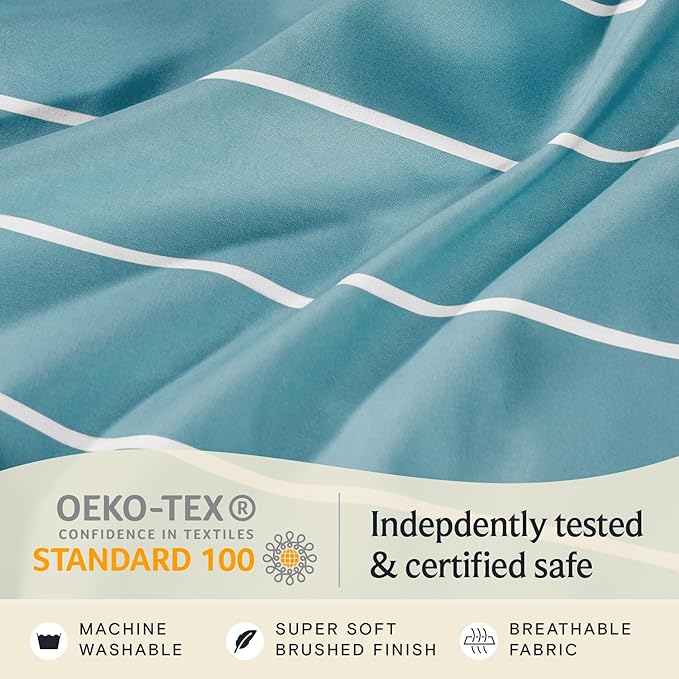 LuxClub 4 PC California King Sheet Set, Deep Pockets Wrinkle Free Cooling Bed Sheets Hotel Bedding for Women, Men, 1 Fitted Sheet, 1 Flat Sheet and 2 Pillowcases-Striped - Light Blue