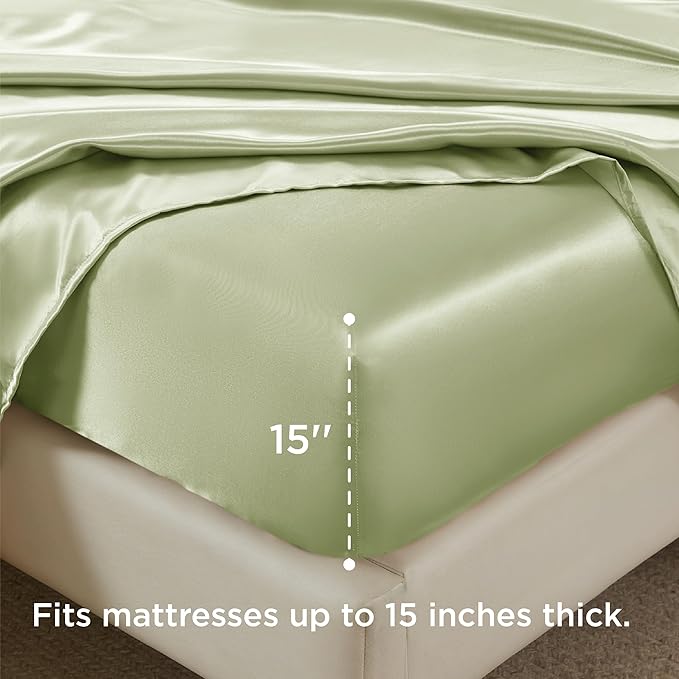 Bedsure Satin Sheets Queen Size - 4 Piece Silky Bedsheets with 15 Inches Deep Pocket Fitted Bedsheet,1 Flat Sheet, 2 Satin Pillowcases, Good for Hair & Skin (Queen, Sage Green)