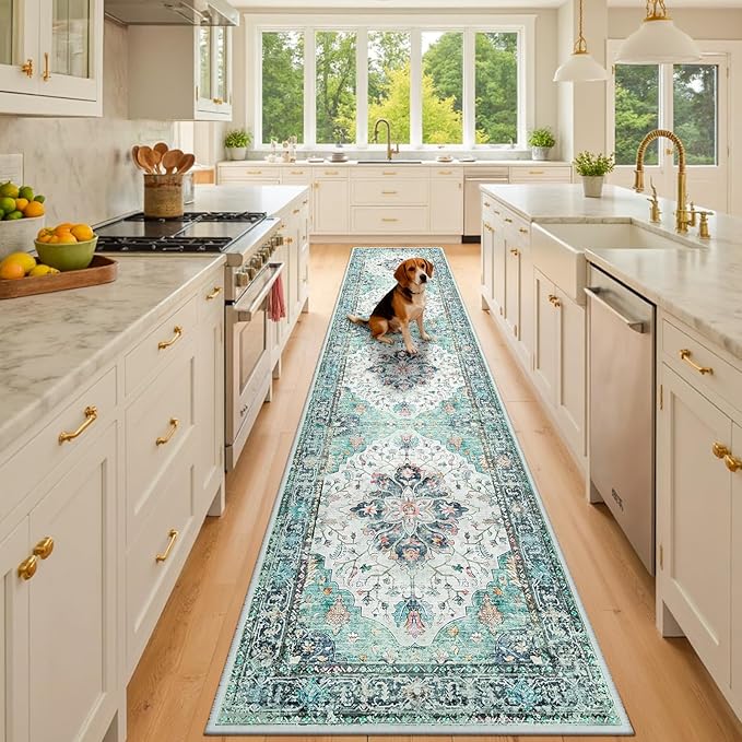 Area Rugs 2'x10' Washable Non-Slip, Floral Vintage Distress Print Pattern Medallion Carpet for Living Room Bedroom Dining Room, Green Navy Blue White Red Teal Colorful