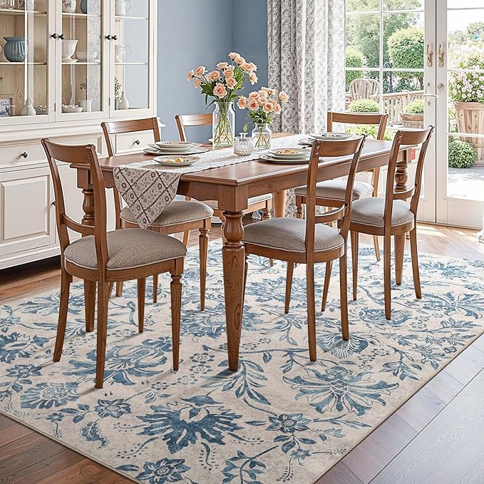 jinchan Torino Floral 8x10 Area Rugs, Vintage-Inspired Design Accent Living Room Rug, Machine Washable Ultra-Thin Low-Pile Non-Slip Traditional Carpet for Bedroom Dining Room Home Office, Dark Blue