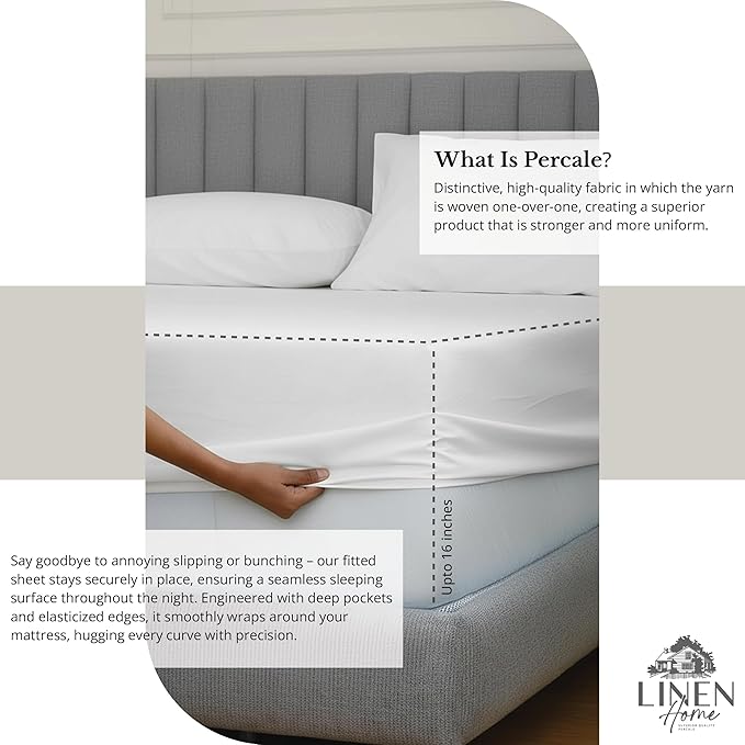 Linen Home 100% Cotton Percale Sheet Set, Cal King Size, White, Deep Pocket, 6 Pieces Set - 1 Flat, 1 Deep Pocket Fitted Sheet and 4 Pillowcases, Crisp Cool and Strong Bed Linen