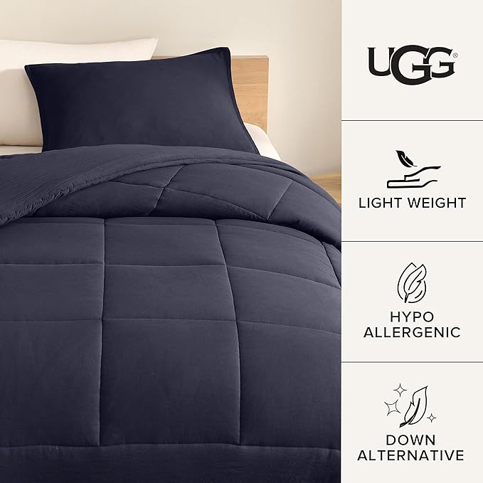 UGG Twin/XL Twin Comforter Set with 1 Pillow Sham, Lightweight Down Alternative Blanket, All Season, Washable & Hypoallergenic Bedding Set for College Apartment or Dorm Essentials, Navy Blue (Lenora)