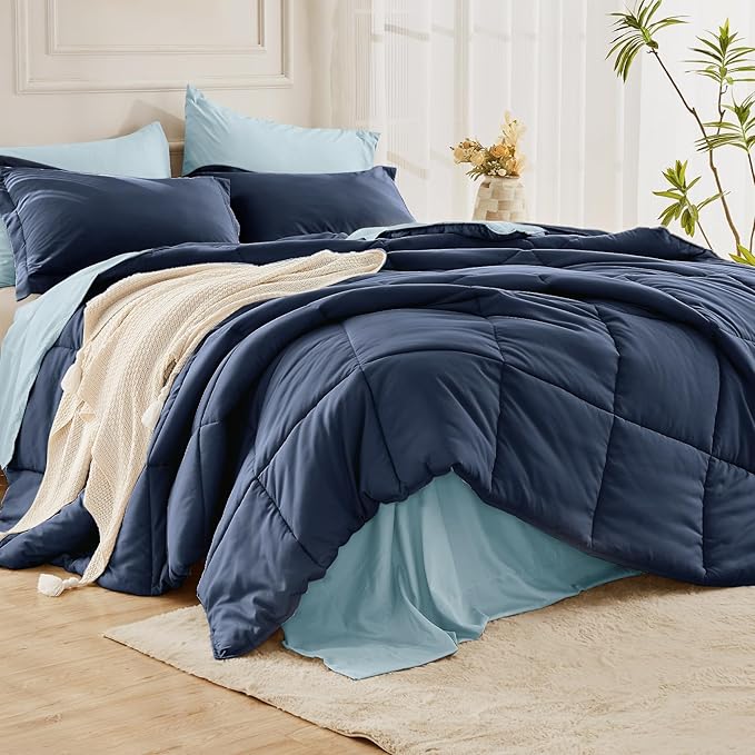 JOLLYVOGUE King Comforter Set, Ultra-Soft Bed in a Bag King Size 7 Pieces, Oeko-TEX Certified Bedding Set with Down Alternative Comforter, Sheets, Pillowcases & Shams, Navy & Light Blue