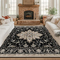 Area Rugs Square 8ft Washable Non-Slip, Floral Vintage Distress Print Pattern Medallion Carpet for Living Room Bedroom Dining Room, Black Brown Neutral Dark Tan