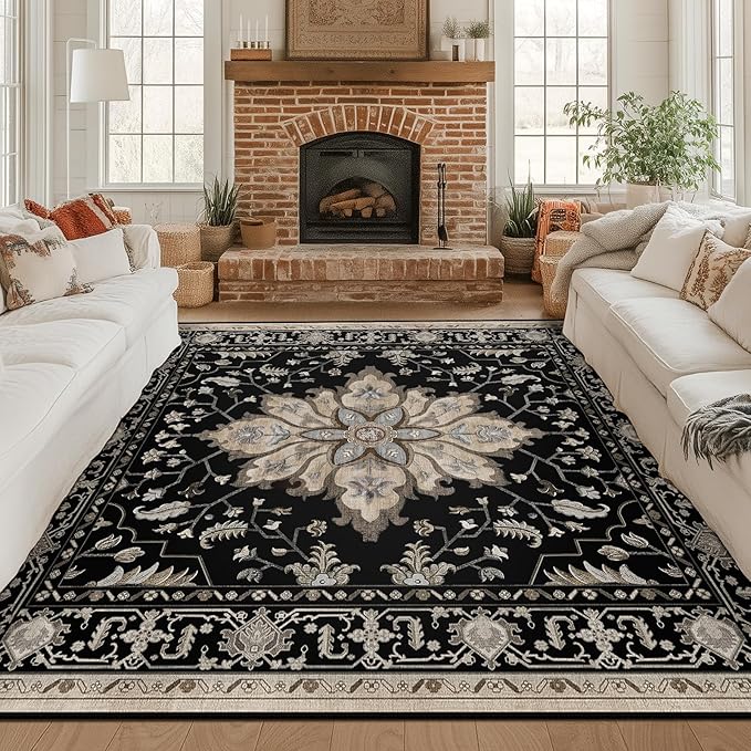 Area Rugs Square 8ft Washable Non-Slip, Floral Vintage Distress Print Pattern Medallion Carpet for Living Room Bedroom Dining Room, Black Brown Neutral Dark Tan