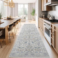 jinchan Hallway Runner Rug 3x10 Machine Washable - Vintage Floral Non-Slip Low-Pile Soft Ultra-Thin Faux Wool Kitchen Rug Distressed Carpet Runner for Farmhouse Bedroom Laundry Room (3x10ft, Blue)