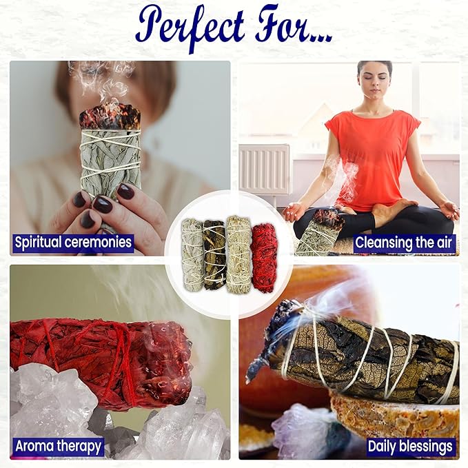 Sage Starter Kit for Cleansing Negative Energy. Variety Pack of 4 which Includes White, Black, Blue and Red Sage (Dragon Blood)