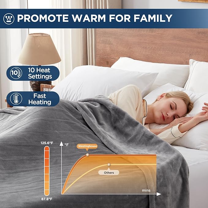 Westinghouse Electric Blanket Queen Size, Super Cozy Soft Flannel 84"" x 90"" Heated Blanket with 10 Fast Heating Levels & 1-12 Auto-Off, Machine Washable, ETL&FCC Certification, Light Grey