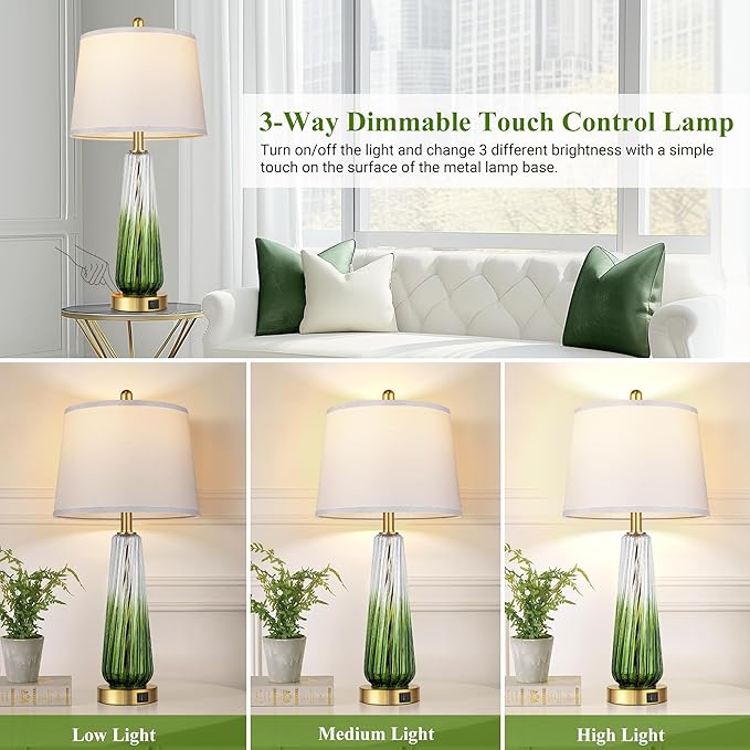 Glass Table Lamps for Living Room, Modern Bedside Lamps with USB A+C Ports, 3-Way Dimmable Touch Control Nightstand Lamp with White Linen Shade, 27.5" Large Lamps for Bedrooms Decor, Green, 1 Pack