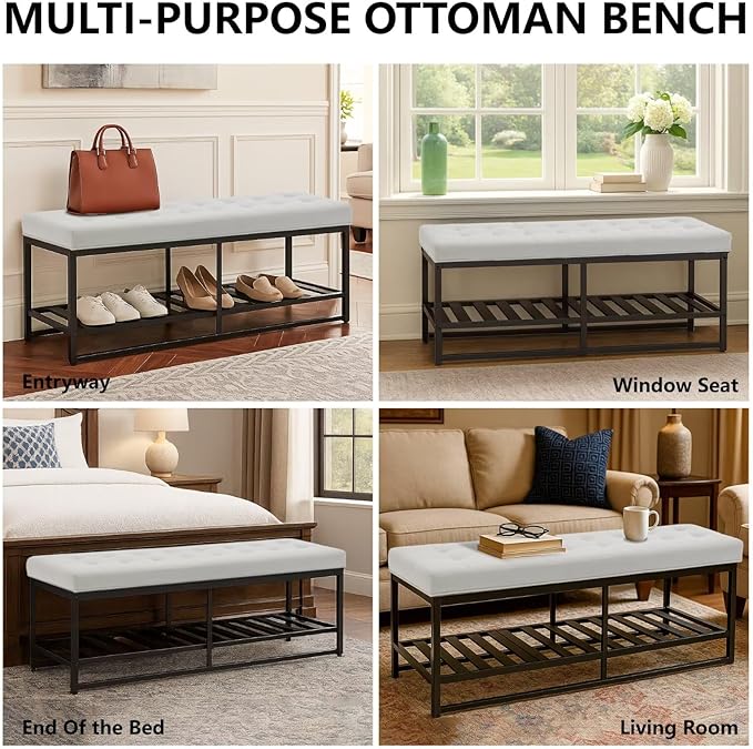 Rectangular Upholstered Tufted Linen Ottoman Storage Bench, Large Footrest Ottoman with Iron Base, White End of Bed Bench for Entryway, Living Room, Bedroom
