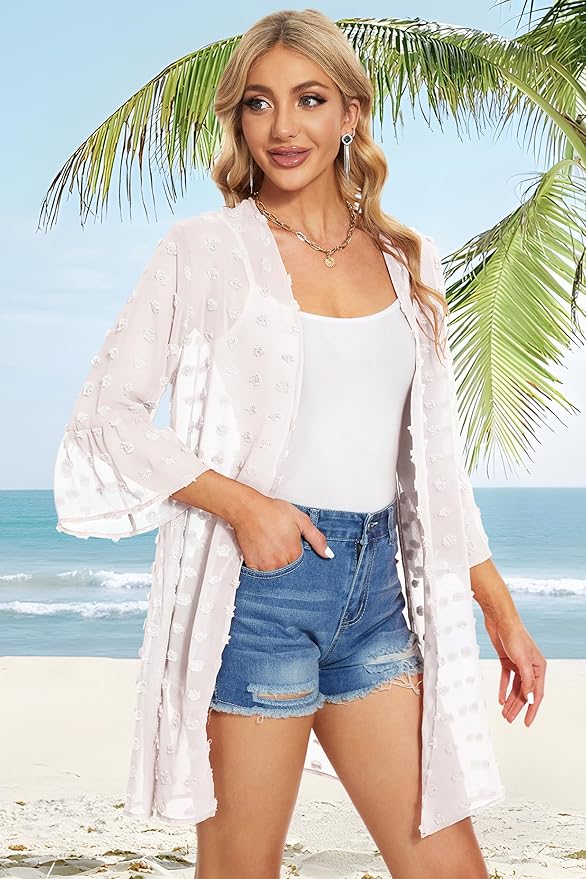 CHICGAL Womens Kimono for Summer Puff Sleeve Cardigan Casual Loose Fit Beach Cover Ups Resorts Swimwear
