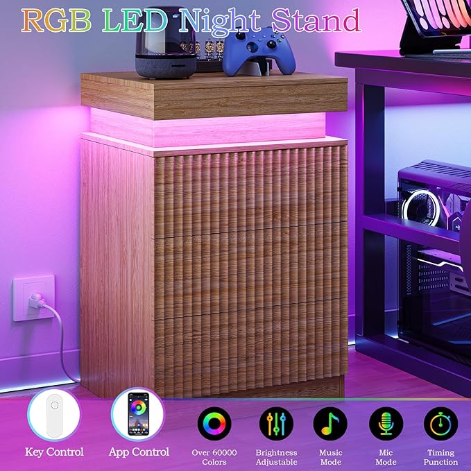 Nightstands Set of 2 with Charging Station & LED Lights, Modern Small Fluted Bedside & End Tables with 3 Drawers, Sliding Top & Hidden Storage, Wooden Farmhouse Night Stand for Bedroom, Natural Oak
