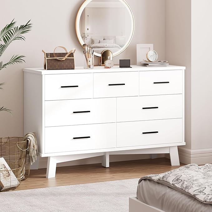 Dresser for Bedroom with 7 Drawer, Wood Modern Chest of Drawers with X-Shaped Sturdy Base, Wide Double Dresser Closet Clothes Storage Organizer, Wooden TV Stand for Living Room, Hallway, White