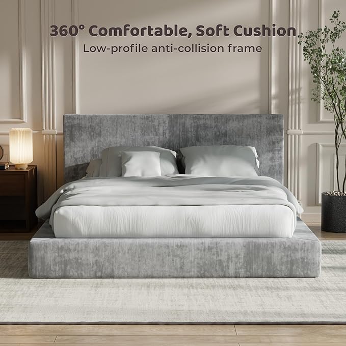 RECCI Cloud Upholstered Queen Bed Frame with Headboard, 5 Inch Foam Padded Platform, No Box Spring, Easy Assembly (Moon Grey)