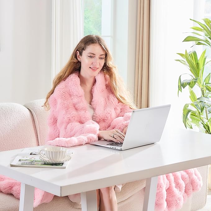 Pink Faux Fur Throw Blanket Soft Plush Fluffy Bubble Texture Cozy Blanket for Couch Bed Sofa Warm Thick Luxury Home Decor Gift for Women Mom Girlfriend (King Size 108''x90'', Pink)