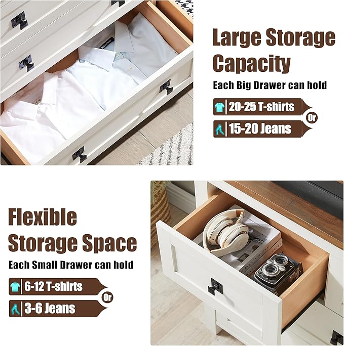 T4TREAM Farmhouse 7 Drawers Dresser Wood Rustic Tv Stand, Storage Organizer for Bedroom, Living Room,Hallway, Antique White