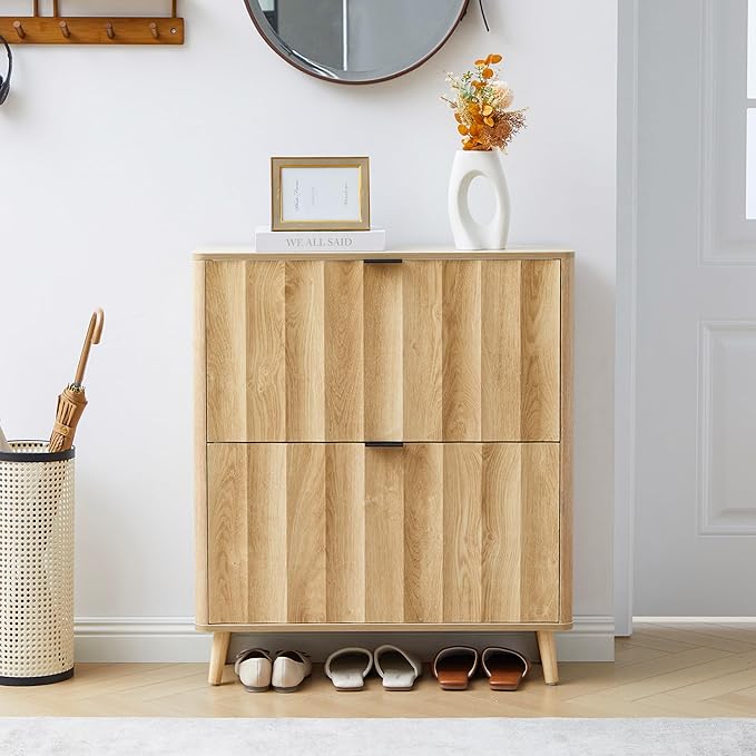 31.5” Fluted Shoe Cabinet Storage with 2 Flip Drawers,Narrow Freestanding Shoe Storage Organizer,Slim Shoe Rack Cabinet for Entryway,Hallway (Natural)