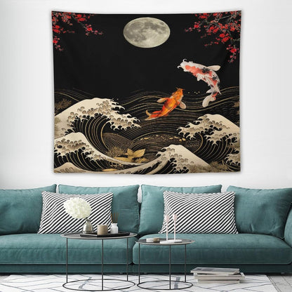 Houselerax Koi Fish Tapestry, Japanese Style Yin Yang Big Wave Cherry Blossom Tapestries Wall Hanging for Bedroom Living Room Office Decor 60"x50"
