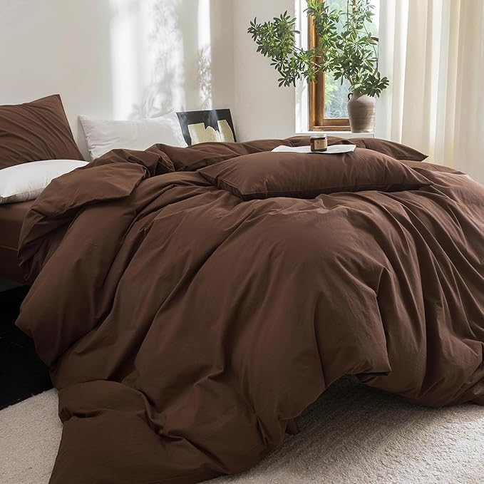 FOSSA Duvet Cover Set 100% Washed Cotton Linen Feel Super Soft Breathable Cozy 3 Pieces Bedding Sets Solid Cocoa Brown Super King
