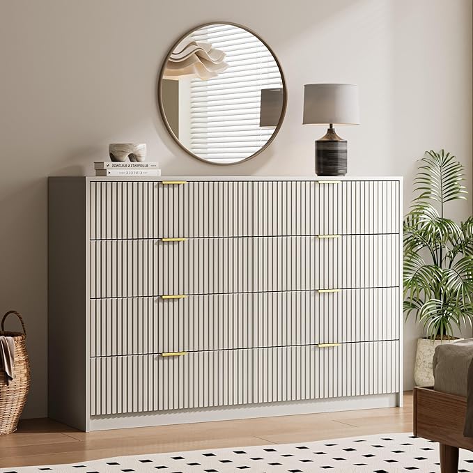Beige Dresser for Bedroom, 8 Drawer Double Dresser, Modern Chest of Drawers for Bedroom, Living Room, Entryway and Closet, 55" L x 15.7" D x 37.4" H