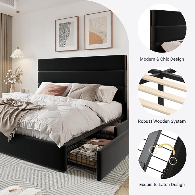 Allewie Modern Full Size Platform Bed Frame with 4 Storage Drawers and Velvet Upholstered Headboard, Wooden Slats Support, Upholstered Mattress Foundation/No Box Spring Needed/Easy Assembly, Black