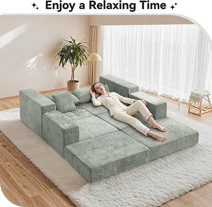 Boneless Sectional Loveseat Couch with Ottoman, Convertible Modular Floor Sleeper Sofa Bed, Comfy Foldable Compression Love Seat Sofa for Living Room, No Assembly, Green