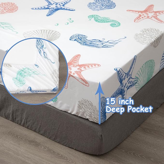 JSD Beach Theme Kids Sheet Set Twin, 3 Piece Starfish Jellyfish Coastal Summer Microfiber Bed Sheets Deep Pocket