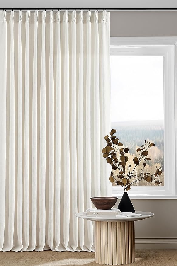 Extra Long Pinch Pleated 132 Inch Linen Curtains 2 Panels Set for High Ceiling Living Room Bedroom Memory Shaped Semi Sheer Pleat Drapes with Hooks Rings Light Filtering Natural Window Curtain 40x132