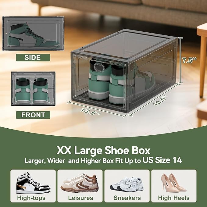 Thicken Hard Clear Shoe Storage Organizer for Closet, 12 Pack Modular Plastic Stackable Shoe Storage Box Organizer, Shoe Sneaker Rack Display Case Containers Bins with Lids, Grey