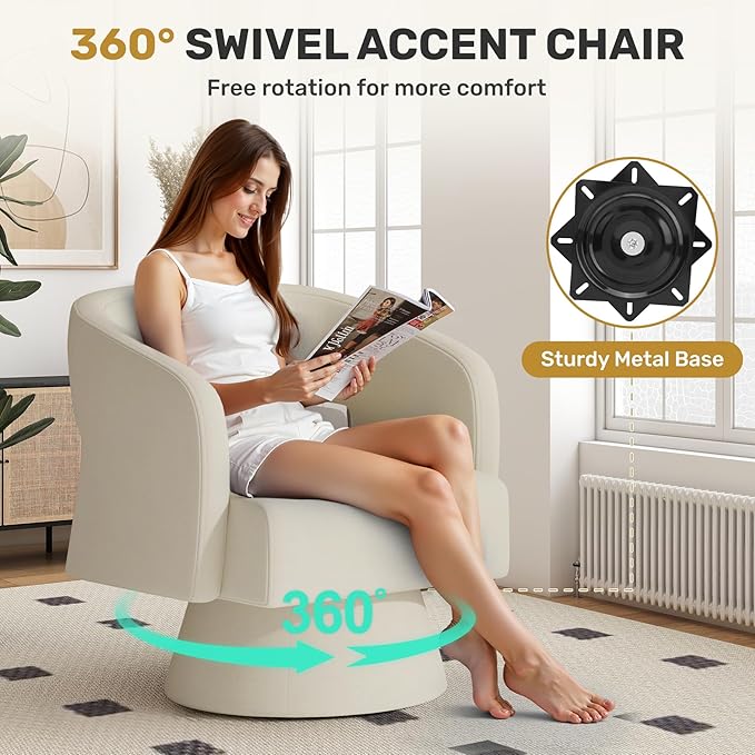 Swivel Accent Chair Set of 4, Modern Comfy Chenille Barrel Chairs, Oversized Upholstered Round Arm Chair for Living Room, Bedroom, Reading Room, Beige
