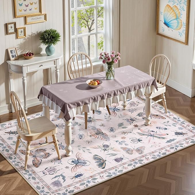 Lahome Insect Machine Washable Rugs 5x7, Non Slip Soft Pink Rugs for Bedroom Girls Living Room, Ultra-Thin Stain Resistant Accent Carpet for Dining Room Office Nursery(5'x7',Pink)