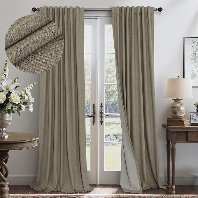 Dark Taupe Neutral Blackout Curtains 96 Inch Long 2 Panel Insulated Sliding Door Curtain UV Heat Blocking Drape for Living Room Bedroom Linen Cloth Canvas Burlap Primitive Decor Back Tab 52x96 Length