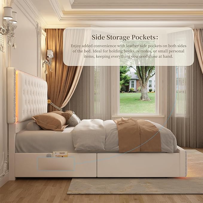 Queen LED Bed Frame with 2 Drawers, Storage Platform Beds with Upholstered Crystal Button Tufted Headboard Footboard, 2 Side Pockets, No Box Spring Needed, Velvet Cream