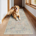 Floral 3x8 Wide Hallway Runner - Beige Blue with Lilic Accent, Boho Forest Decor, Washable Low Pile Non Slip Stain Resistant Rug for Long Kitchen, Large Bathroom, Hall Way