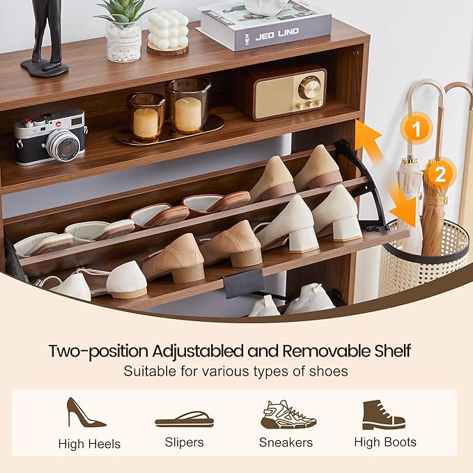 47" Fluted Large Shoe Cabinet with 4 Flip Drawers, Slim Freestanding Shoe Cabinet Organizer, Narrow Shoes Storage Rack for Entryway, 5 Sturdy Legs (All Walnut-2 drawers, 9.45"D x 31.5"W x 41.93"H)
