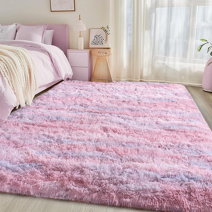 Fluffy Rugs for Bedroom Living Room, 4x6 Feet Abstract Pink Shag Area Rugs, Non-Slip Indoor Modern Fuzzy Plush Floor Carpet for Dorm Nursery Kids Room Decor, Soft Shaggy Throw Rug