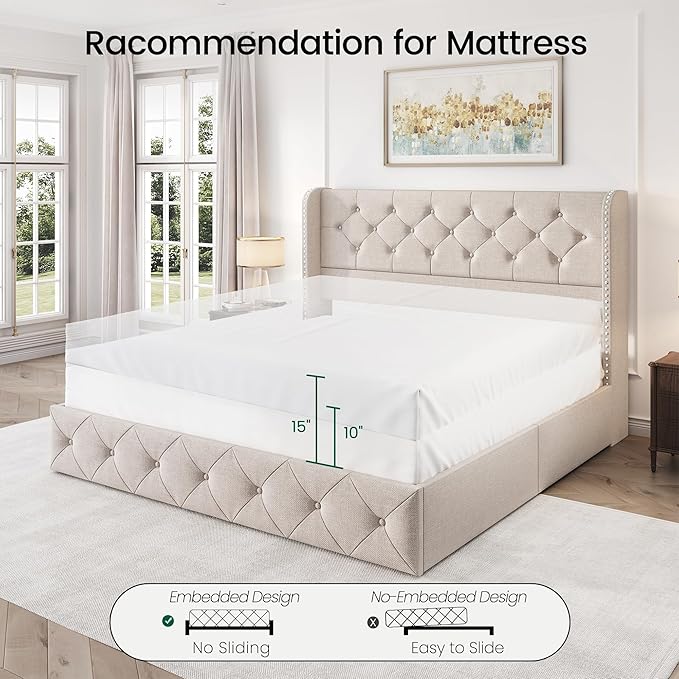 LARMACE Queen Size Bed Frame with 4 Storage Drawers and Tufted Headboard Linen Upholstered Platform Bed Frame Wingback Beds with Wooden Slats Support, Easy Assembly, Beige