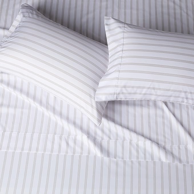 Amazon Basics Lightweight Super Soft Easy Care Microfiber 4 Piece Bed Sheet Set with 14-Inch Deep Pockets, Queen, Taupe Stripe, Striped