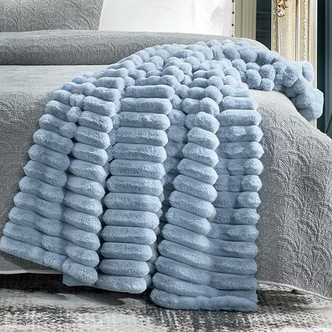Cozy Bliss Faux Fur Throw Blanket for Couch, Cozy Warm Plush Striped Blanket for Sofa Bedroom Living Room, 108 * 90 Inches Light Blue