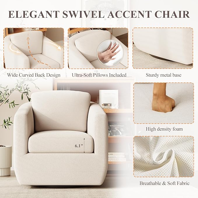 360° Swivel Accent Chair Set of 2 with Pillow - Comfy Living Room Armchair No-Sag Foam & Sturdy Metal Base, Fully Assembled Swivel Accent Single Sofa for Bedroom Living Room, Office, Beige