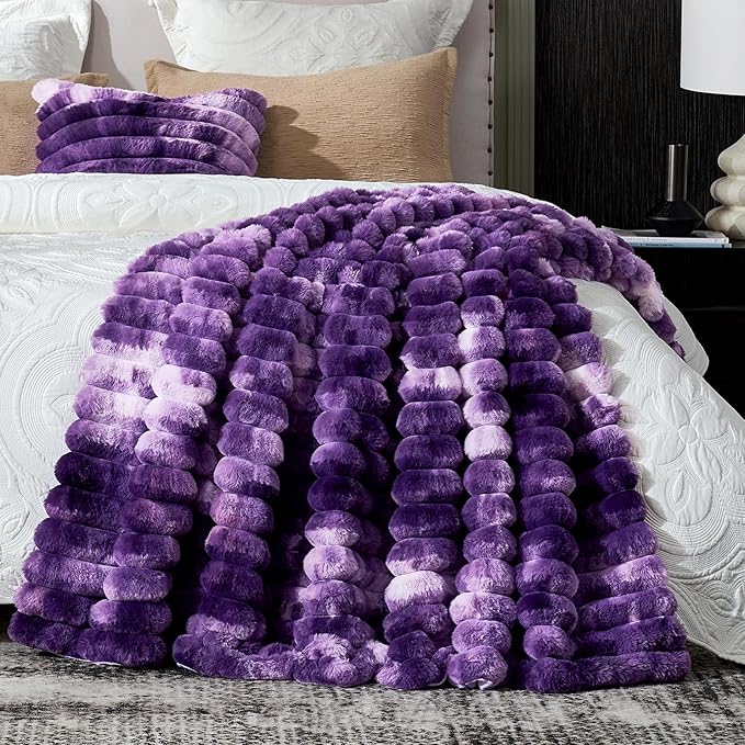 Cozy Bliss Faux Fur Throw Blanket for Couch, Cozy Warm Plush Striped Blanket for Sofa Bedroom Living Room, 50 * 60 Inches Tie-dye Purple